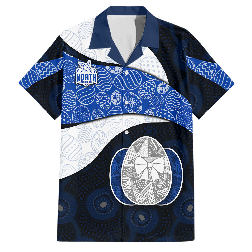 Personalized North Melbourne Football Family Matching Long Sleeve Bodycon Dress and Hawaiian Shirt Easter Egg Pattern Blue White Tribal Dot Art Style