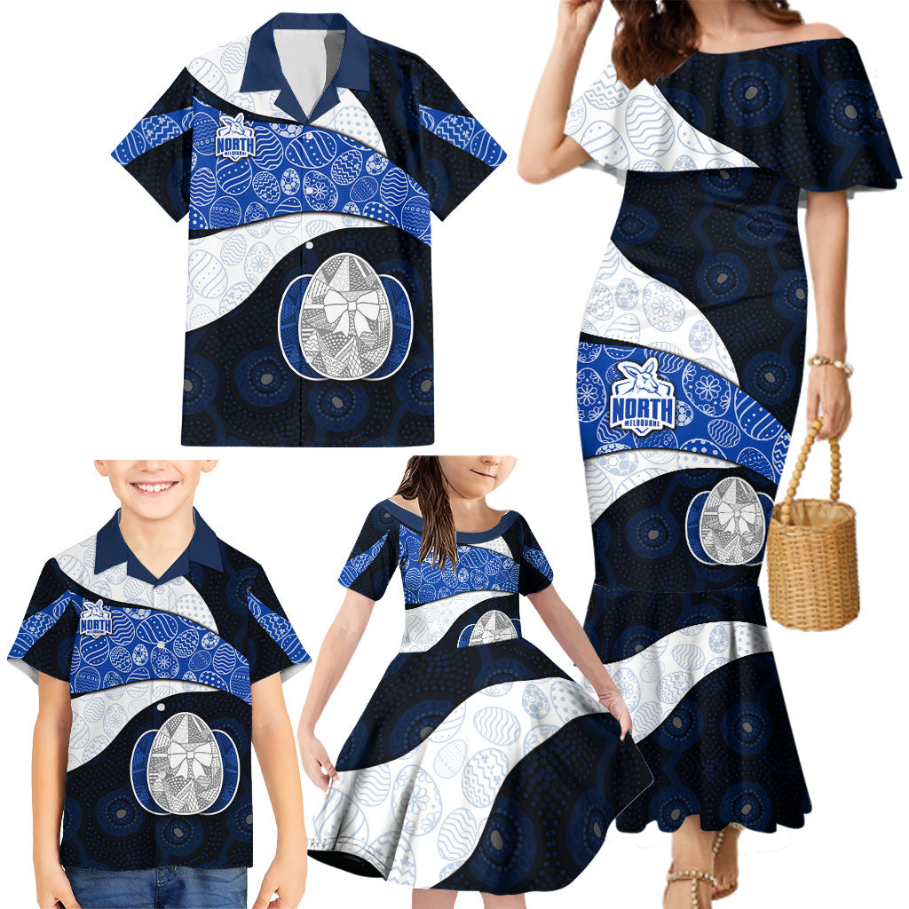 Personalized North Melbourne Football Family Matching Mermaid Dress and Hawaiian Shirt Easter Egg Pattern Blue White Tribal Dot Art Style