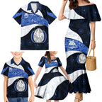 Personalized North Melbourne Football Family Matching Mermaid Dress and Hawaiian Shirt Easter Egg Pattern Blue White Tribal Dot Art Style