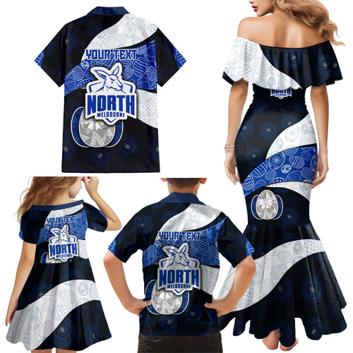 Personalized North Melbourne Football Family Matching Mermaid Dress and Hawaiian Shirt Easter Egg Pattern Blue White Tribal Dot Art Style