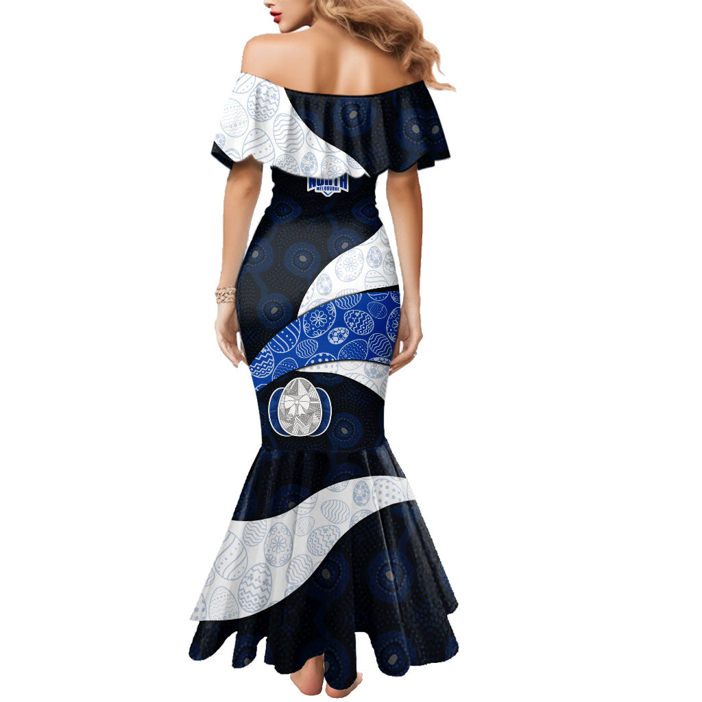 Personalized North Melbourne Football Family Matching Mermaid Dress and Hawaiian Shirt Easter Egg Pattern Blue White Tribal Dot Art Style