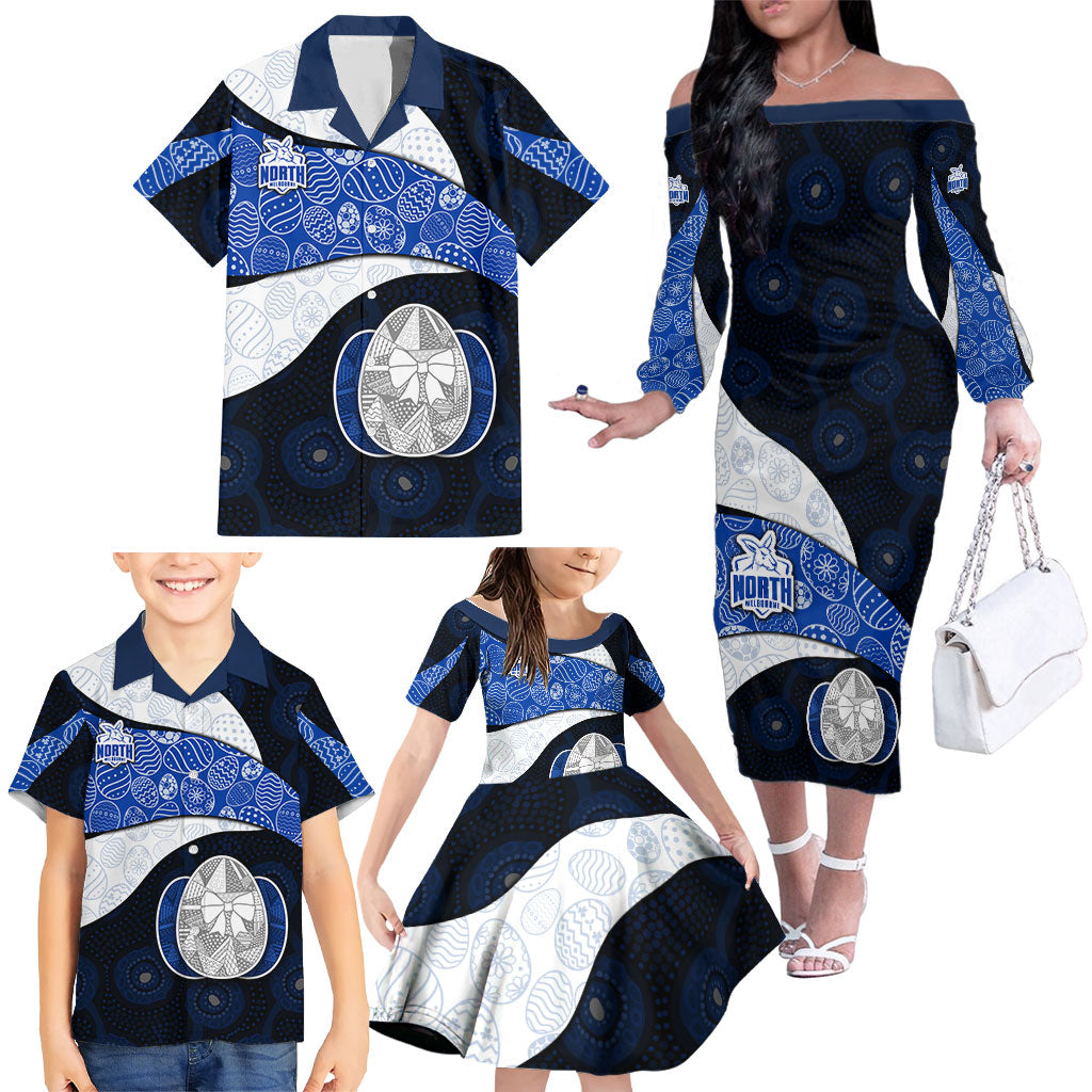 Personalized North Melbourne Football Family Matching Off The Shoulder Long Sleeve Dress and Hawaiian Shirt Easter Egg Pattern Blue White Tribal Dot Art Style