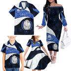 Personalized North Melbourne Football Family Matching Off The Shoulder Long Sleeve Dress and Hawaiian Shirt Easter Egg Pattern Blue White Tribal Dot Art Style