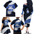 Personalized North Melbourne Football Family Matching Off The Shoulder Long Sleeve Dress and Hawaiian Shirt Easter Egg Pattern Blue White Tribal Dot Art Style