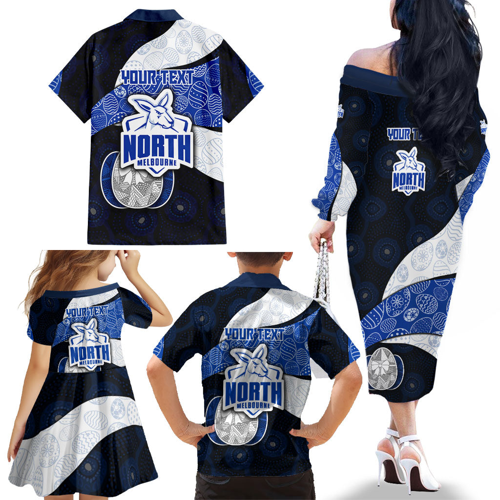 Personalized North Melbourne Football Family Matching Off The Shoulder Long Sleeve Dress and Hawaiian Shirt Easter Egg Pattern Blue White Tribal Dot Art Style