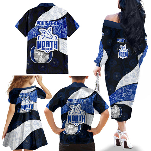 Personalized North Melbourne Football Family Matching Off The Shoulder Long Sleeve Dress and Hawaiian Shirt Easter Egg Pattern Blue White Tribal Dot Art Style