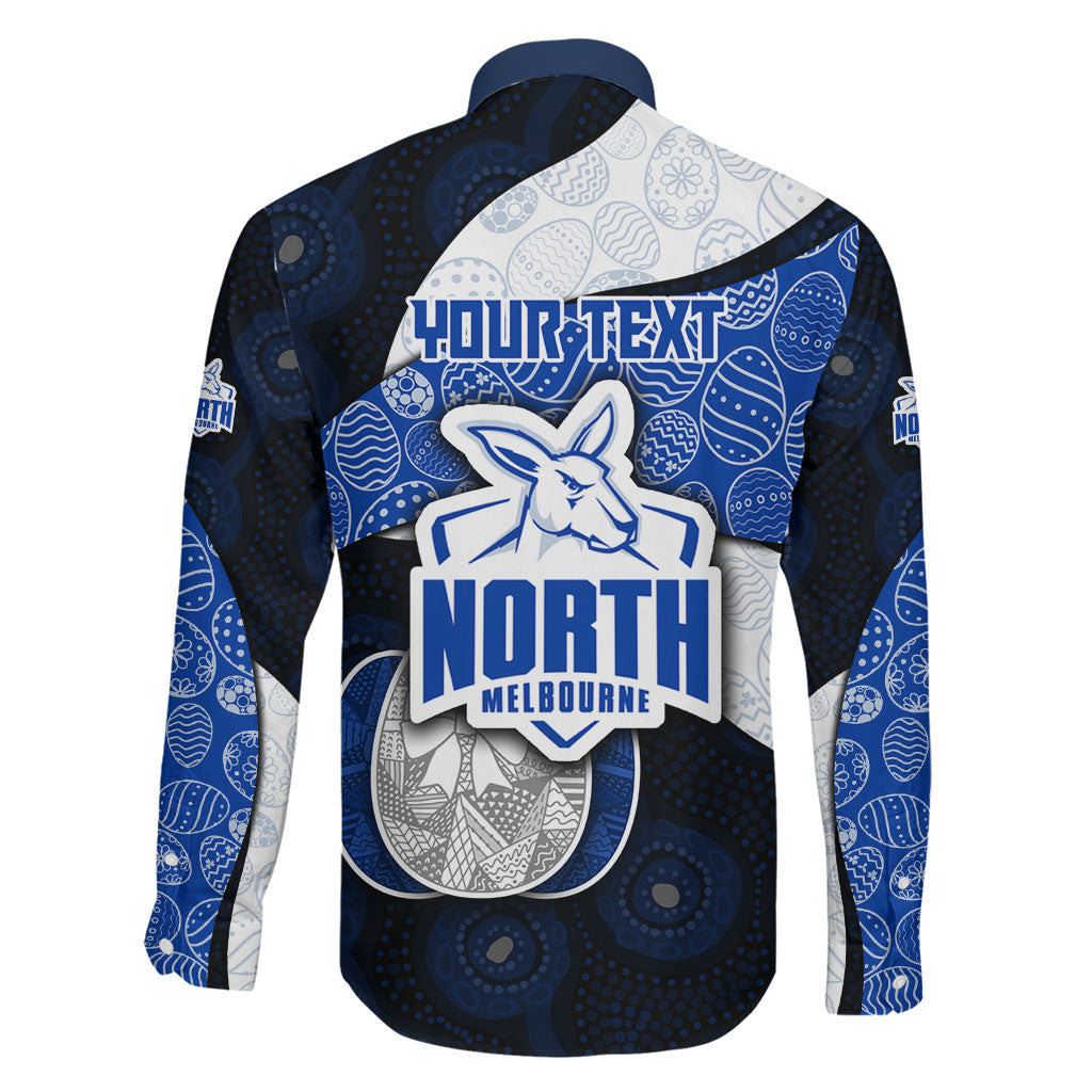 Personalized North Melbourne Football Family Matching Off The Shoulder Long Sleeve Dress and Hawaiian Shirt Easter Egg Pattern Blue White Tribal Dot Art Style