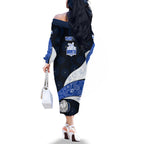 Personalized North Melbourne Football Family Matching Off The Shoulder Long Sleeve Dress and Hawaiian Shirt Easter Egg Pattern Blue White Tribal Dot Art Style