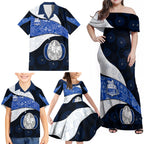 Personalized North Melbourne Football Family Matching Off Shoulder Maxi Dress and Hawaiian Shirt Easter Egg Pattern Blue White Tribal Dot Art Style