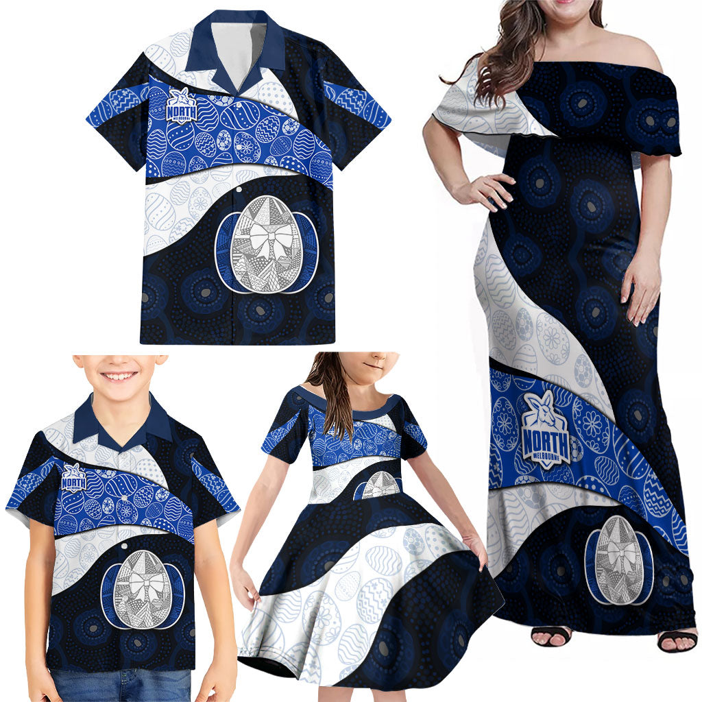 Personalized North Melbourne Football Family Matching Off Shoulder Maxi Dress and Hawaiian Shirt Easter Egg Pattern Blue White Tribal Dot Art Style
