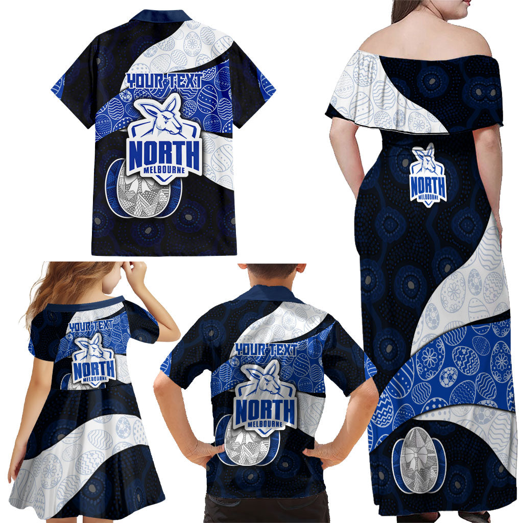 Personalized North Melbourne Football Family Matching Off Shoulder Maxi Dress and Hawaiian Shirt Easter Egg Pattern Blue White Tribal Dot Art Style