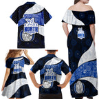 Personalized North Melbourne Football Family Matching Off Shoulder Maxi Dress and Hawaiian Shirt Easter Egg Pattern Blue White Tribal Dot Art Style