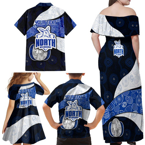 Personalized North Melbourne Football Family Matching Off Shoulder Maxi Dress and Hawaiian Shirt Easter Egg Pattern Blue White Tribal Dot Art Style