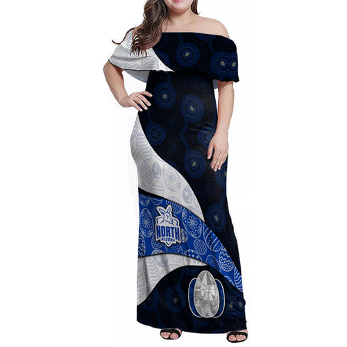Personalized North Melbourne Football Family Matching Off Shoulder Maxi Dress and Hawaiian Shirt Easter Egg Pattern Blue White Tribal Dot Art Style