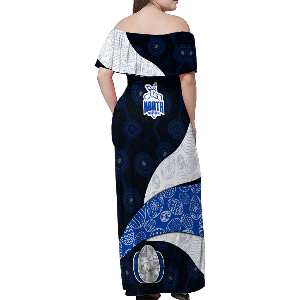 Personalized North Melbourne Football Family Matching Off Shoulder Maxi Dress and Hawaiian Shirt Easter Egg Pattern Blue White Tribal Dot Art Style