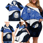 Personalized North Melbourne Football Family Matching Off Shoulder Short Dress and Hawaiian Shirt Easter Egg Pattern Blue White Tribal Dot Art Style