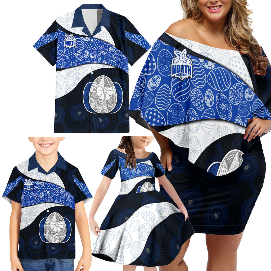 Personalized North Melbourne Football Family Matching Off Shoulder Short Dress and Hawaiian Shirt Easter Egg Pattern Blue White Tribal Dot Art Style