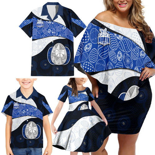 Personalized North Melbourne Football Family Matching Off Shoulder Short Dress and Hawaiian Shirt Easter Egg Pattern Blue White Tribal Dot Art Style