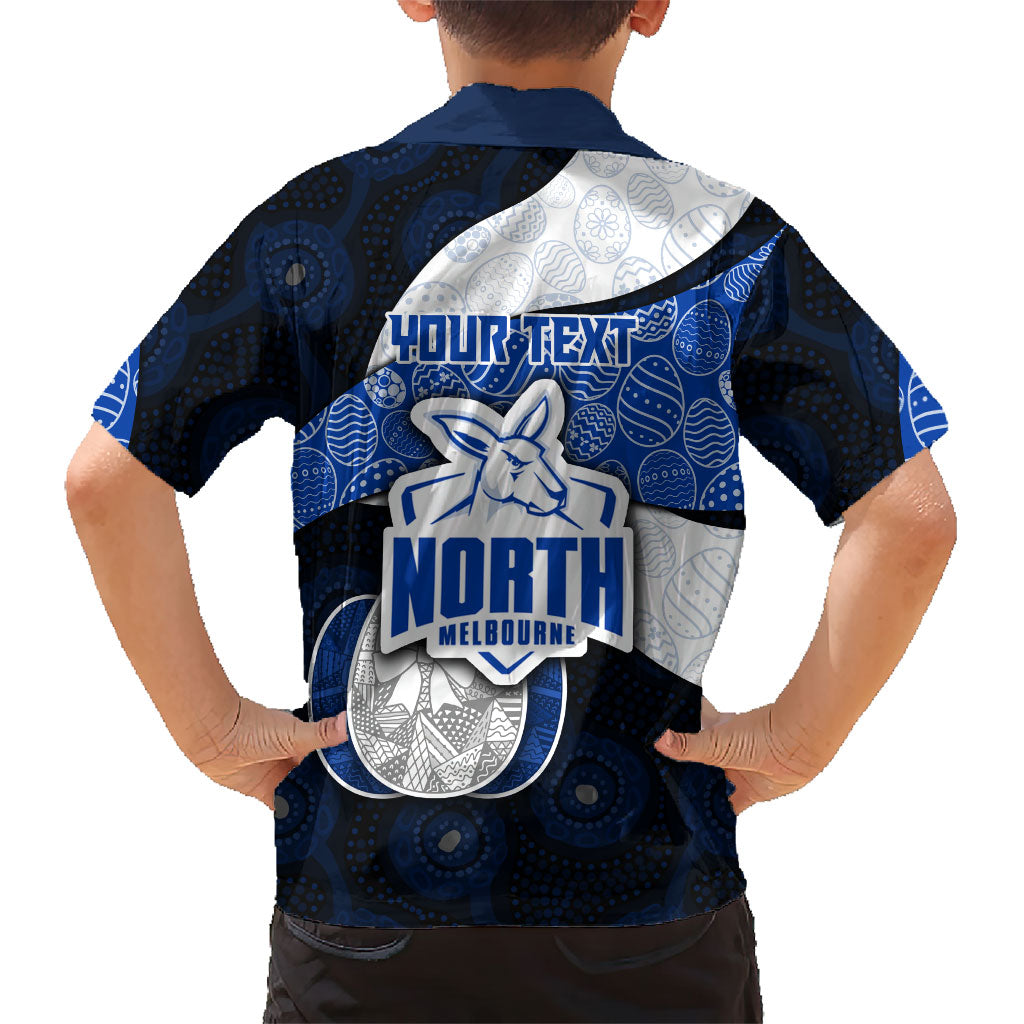 Personalized North Melbourne Football Family Matching Off Shoulder Short Dress and Hawaiian Shirt Easter Egg Pattern Blue White Tribal Dot Art Style
