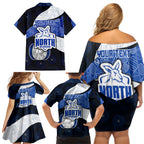 Personalized North Melbourne Football Family Matching Off Shoulder Short Dress and Hawaiian Shirt Easter Egg Pattern Blue White Tribal Dot Art Style