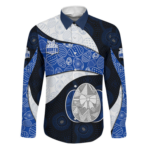 Personalized North Melbourne Football Family Matching Off Shoulder Short Dress and Hawaiian Shirt Easter Egg Pattern Blue White Tribal Dot Art Style