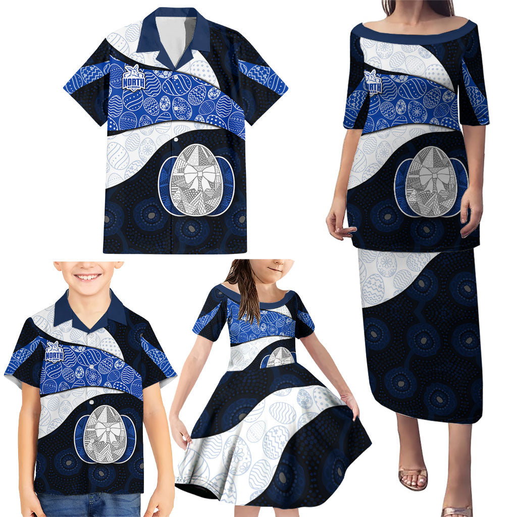 Personalized North Melbourne Football Family Matching Puletasi and Hawaiian Shirt Easter Egg Pattern Blue White Tribal Dot Art Style