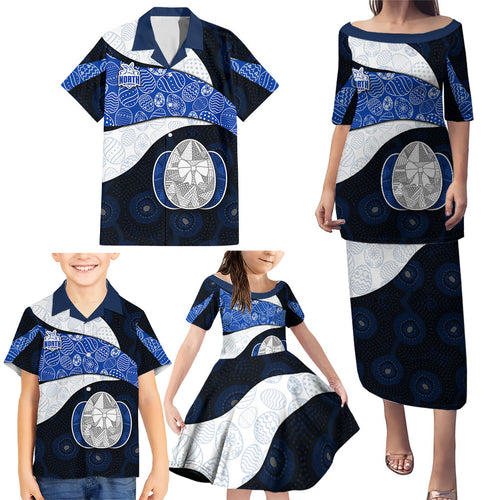 Personalized North Melbourne Football Family Matching Puletasi and Hawaiian Shirt Easter Egg Pattern Blue White Tribal Dot Art Style