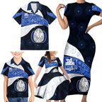 Personalized North Melbourne Football Family Matching Short Sleeve Bodycon Dress and Hawaiian Shirt Easter Egg Pattern Blue White Tribal Dot Art Style