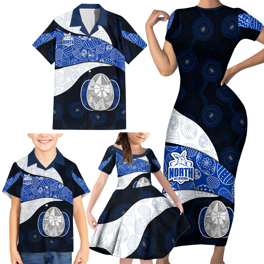 Personalized North Melbourne Football Family Matching Short Sleeve Bodycon Dress and Hawaiian Shirt Easter Egg Pattern Blue White Tribal Dot Art Style