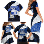 Personalized North Melbourne Football Family Matching Short Sleeve Bodycon Dress and Hawaiian Shirt Easter Egg Pattern Blue White Tribal Dot Art Style