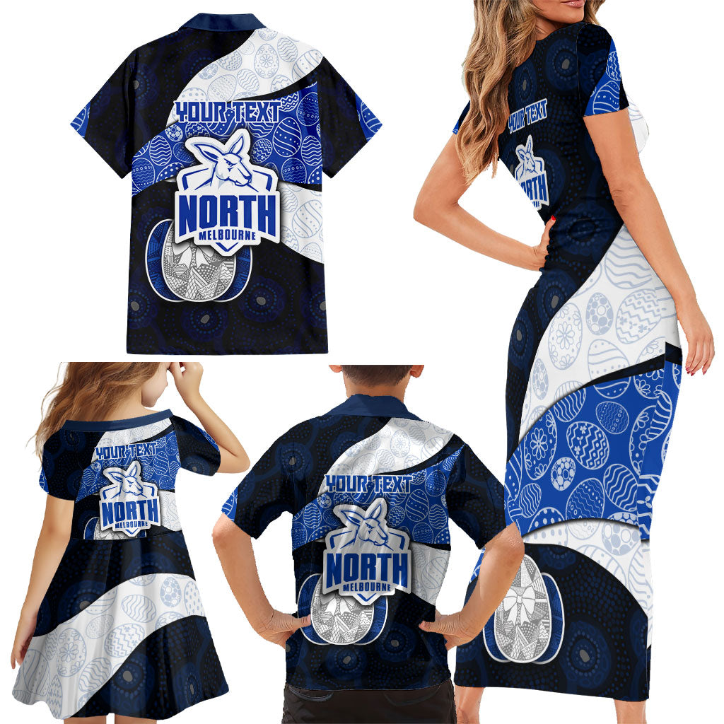 Personalized North Melbourne Football Family Matching Short Sleeve Bodycon Dress and Hawaiian Shirt Easter Egg Pattern Blue White Tribal Dot Art Style