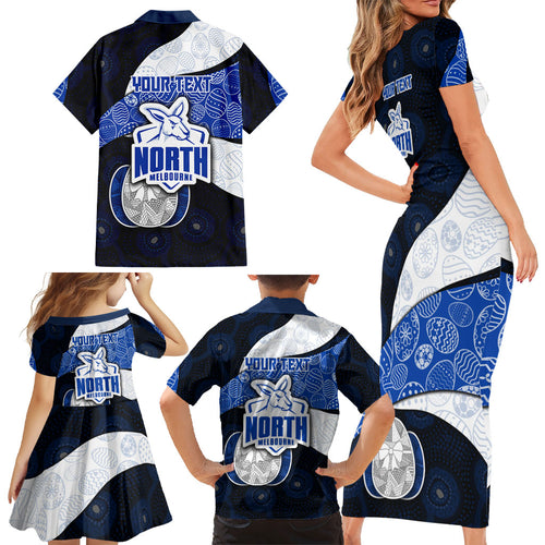 Personalized North Melbourne Football Family Matching Short Sleeve Bodycon Dress and Hawaiian Shirt Easter Egg Pattern Blue White Tribal Dot Art Style