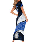 Personalized North Melbourne Football Family Matching Short Sleeve Bodycon Dress and Hawaiian Shirt Easter Egg Pattern Blue White Tribal Dot Art Style