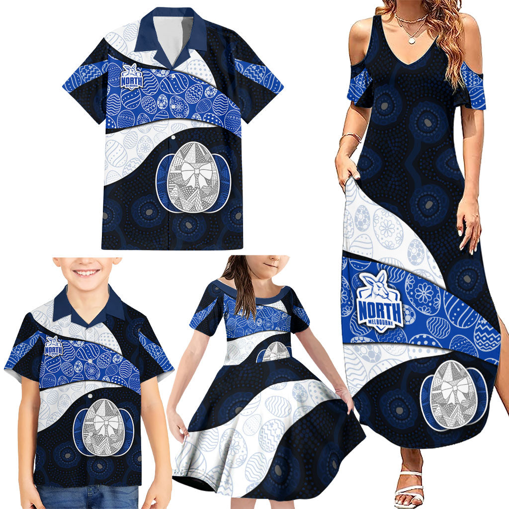 Personalized North Melbourne Football Family Matching Summer Maxi Dress and Hawaiian Shirt Easter Egg Pattern Blue White Tribal Dot Art Style