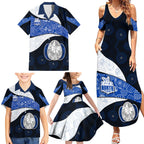 Personalized North Melbourne Football Family Matching Summer Maxi Dress and Hawaiian Shirt Easter Egg Pattern Blue White Tribal Dot Art Style