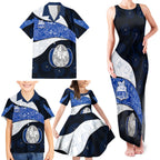 Personalized North Melbourne Football Family Matching Tank Maxi Dress and Hawaiian Shirt Easter Egg Pattern Blue White Tribal Dot Art Style