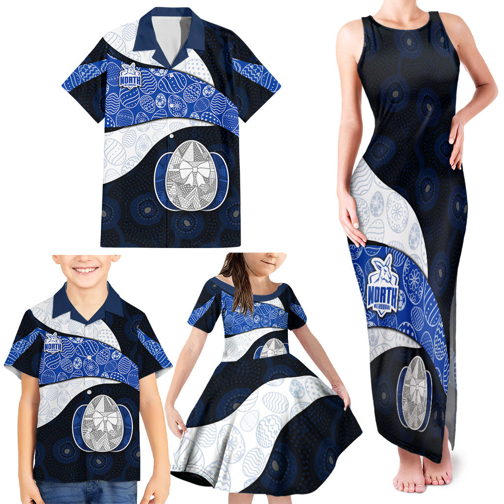 Personalized North Melbourne Football Family Matching Tank Maxi Dress and Hawaiian Shirt Easter Egg Pattern Blue White Tribal Dot Art Style