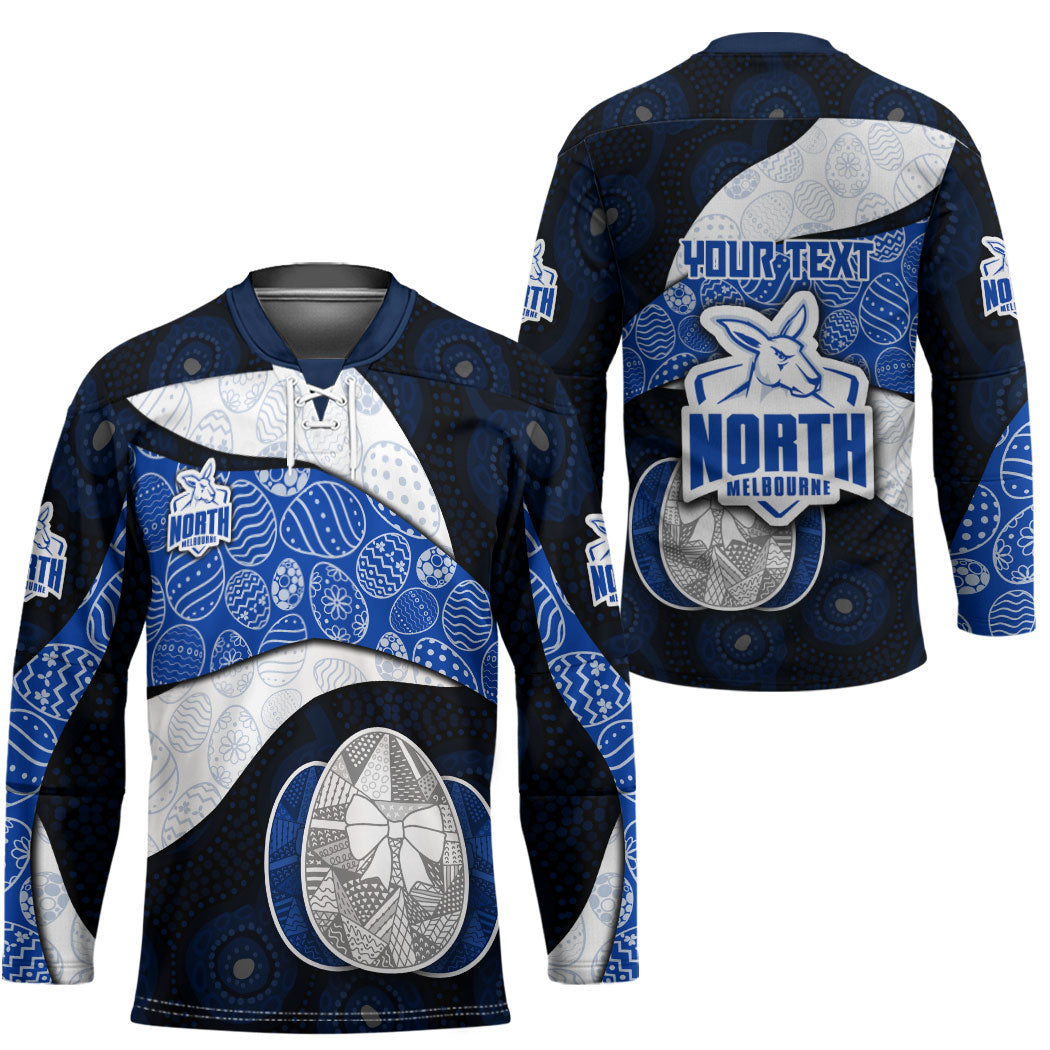 Personalized North Melbourne Football Hockey Jersey Easter Egg Pattern Blue White Tribal Dot Art Style