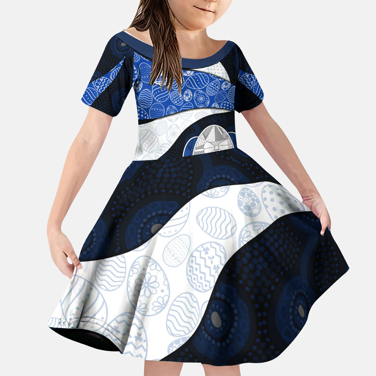 Personalized North Melbourne Football Kid Short Sleeve Dress Easter Egg Pattern Blue White Tribal Dot Art Style
