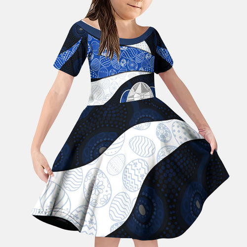 Personalized North Melbourne Football Kid Short Sleeve Dress Easter Egg Pattern Blue White Tribal Dot Art Style