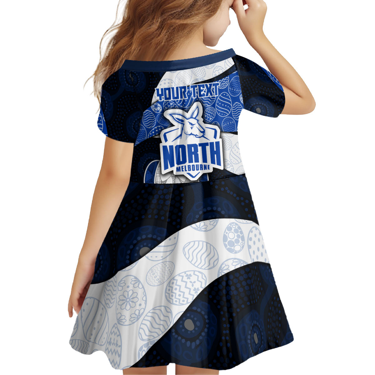 Personalized North Melbourne Football Kid Short Sleeve Dress Easter Egg Pattern Blue White Tribal Dot Art Style