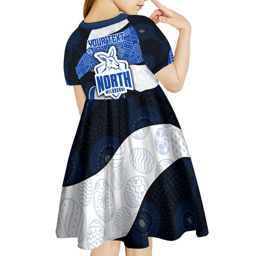 Personalized North Melbourne Football Kid Short Sleeve Dress Easter Egg Pattern Blue White Tribal Dot Art Style