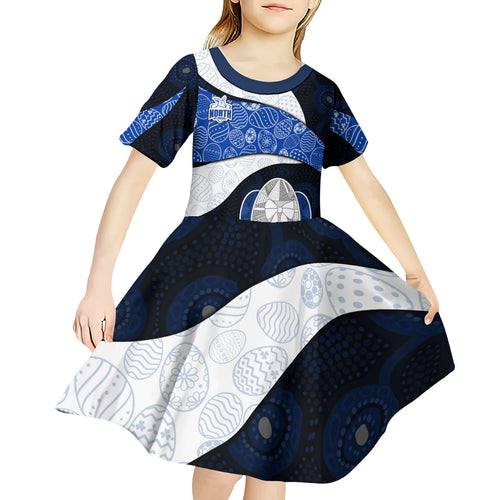 Personalized North Melbourne Football Kid Short Sleeve Dress Easter Egg Pattern Blue White Tribal Dot Art Style
