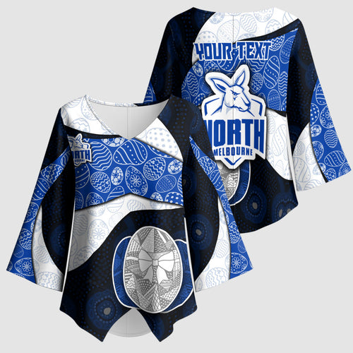 Personalized North Melbourne Football Kimono Sleeve Blouse Easter Egg Pattern Blue White Tribal Dot Art Style