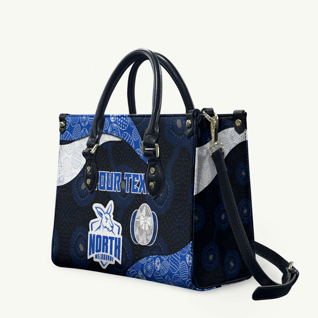 Personalized North Melbourne Football Leather Bag Easter Egg Pattern Blue White Tribal Dot Art Style