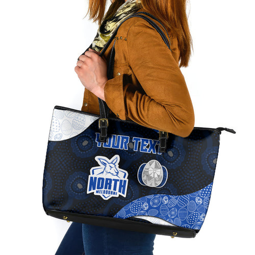 Personalized North Melbourne Football Leather Tote Bag Easter Egg Pattern Blue White Tribal Dot Art Style
