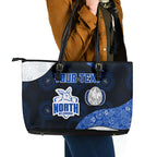 Personalized North Melbourne Football Leather Tote Bag Easter Egg Pattern Blue White Tribal Dot Art Style
