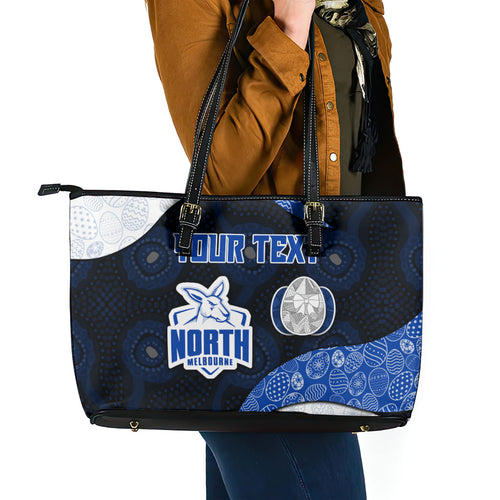 Personalized North Melbourne Football Leather Tote Bag Easter Egg Pattern Blue White Tribal Dot Art Style