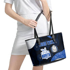 Personalized North Melbourne Football Leather Tote Bag Easter Egg Pattern Blue White Tribal Dot Art Style