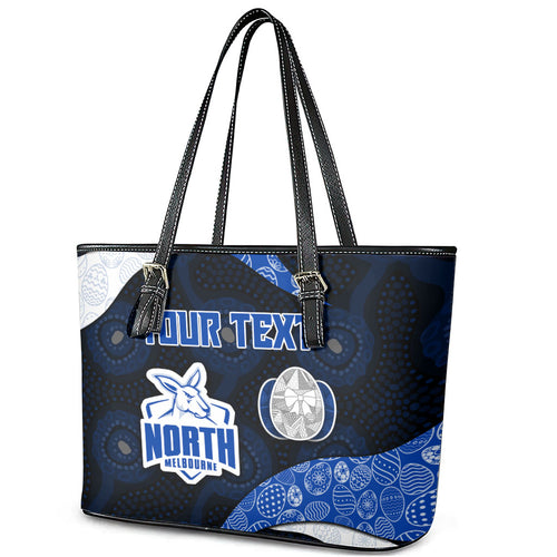 Personalized North Melbourne Football Leather Tote Bag Easter Egg Pattern Blue White Tribal Dot Art Style